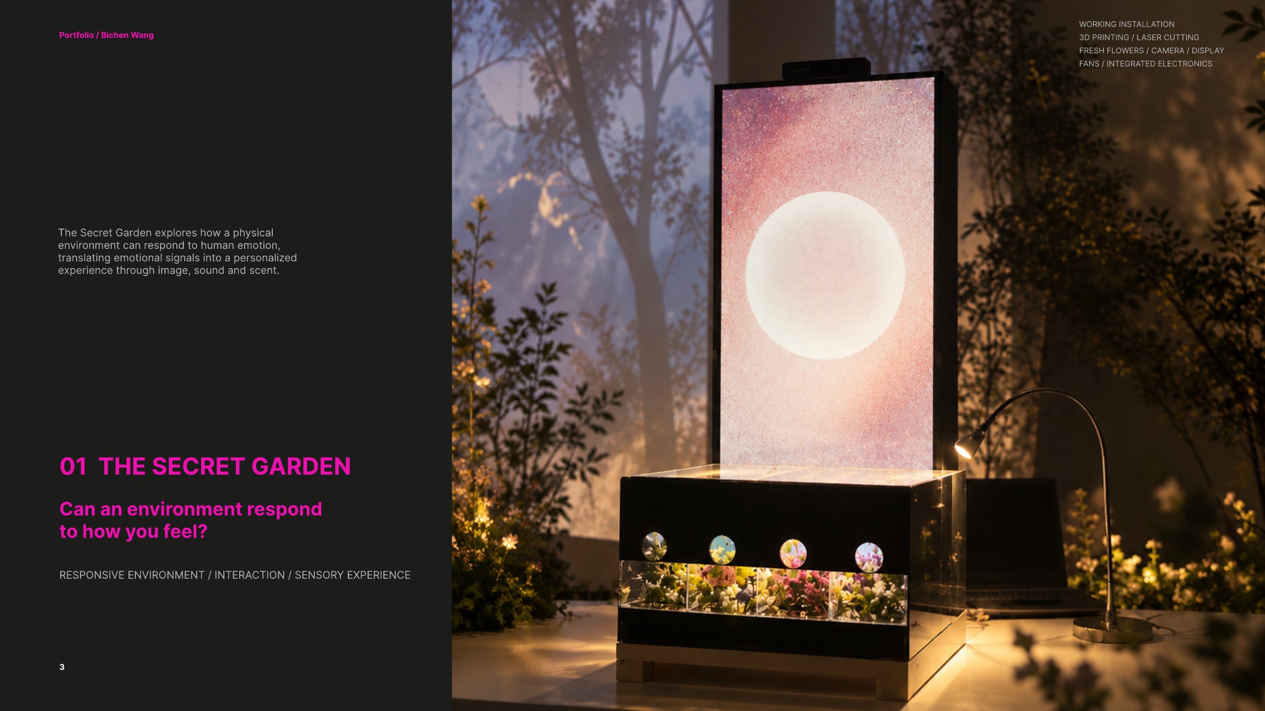 The Secret Garden responsive installation in a forest-like gallery setting
